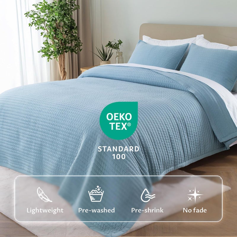 KASENTEX Oversized Queen Quilt Set 102"x106" â€“ Soft Washed 3-Layer Lightweight Bedspread, Minimalist Nordic Design, All-Season Spring & Summer Quilt Set (1 Quilt + 2 Pillow Shams), Blue - Image 2